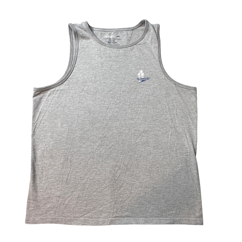Speedo Tank Top Men L Gray‎ Graphic Wave Palm Tree Sleeveless Cotton Blend Shirt